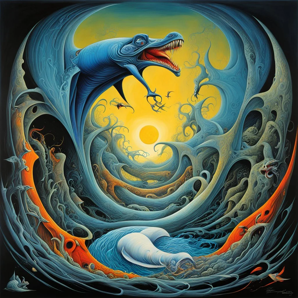 A Dream within a Dream, hope has flown away amid the pitiless roar, expansive, sinister, dark vibrant colors, asymmetric surrealism. by Gerald Scarfe, by DZO Olivier, smooth matte oil painting, meander, weirdcore.