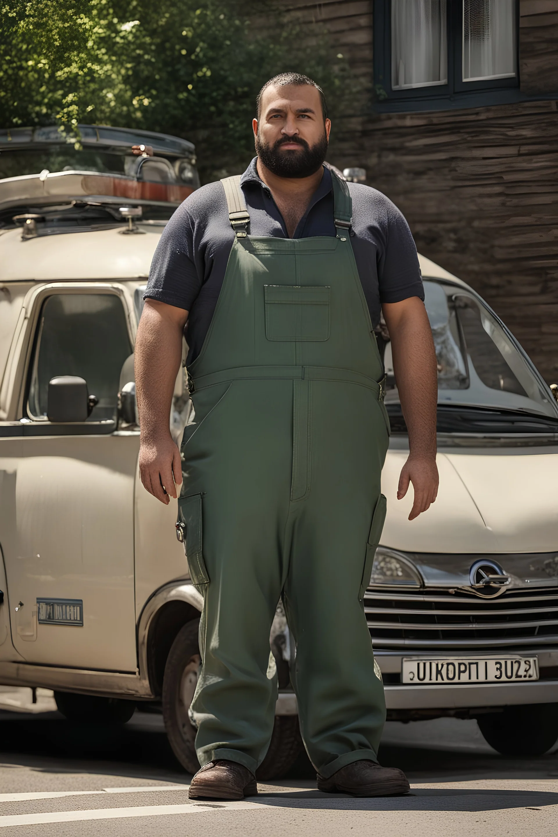 close up photography of an ugly 36 year old chubby robust burly turkish plumber, wearing his work unbuttoned bulging overalls, bulge, leaning with his back to his van, arms folded and emotive look, ajar mouth, hairy chest, , very virile, short black beard, shaved hair, sweat, , in a sunny street, photorealistic , frontal view from the ground