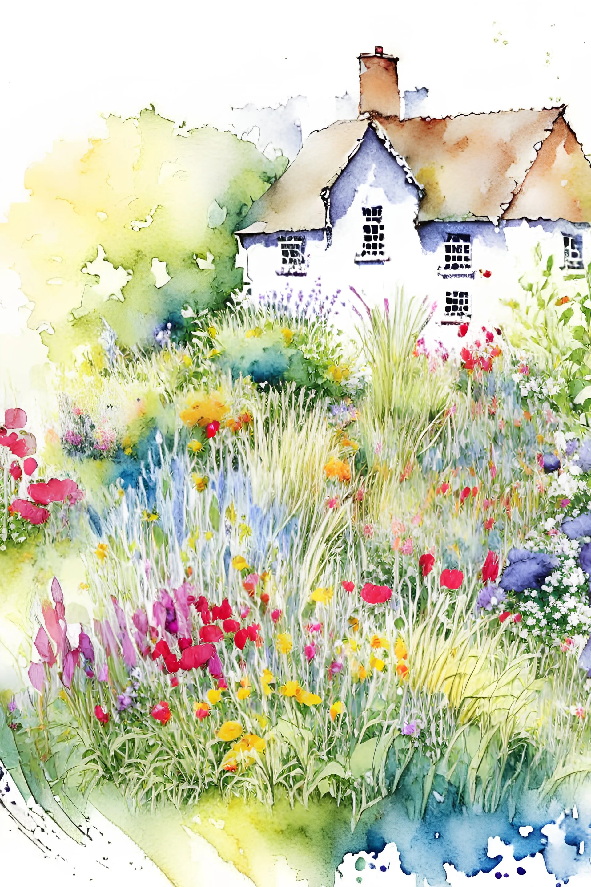 abstract watercolour english cottage garden in the style of jean haines, centred