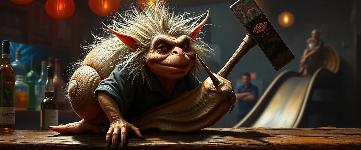hårete gremlin snegle bartender med vind i håret på fest med stor slegge aker ned sklie malt av Rembrandt