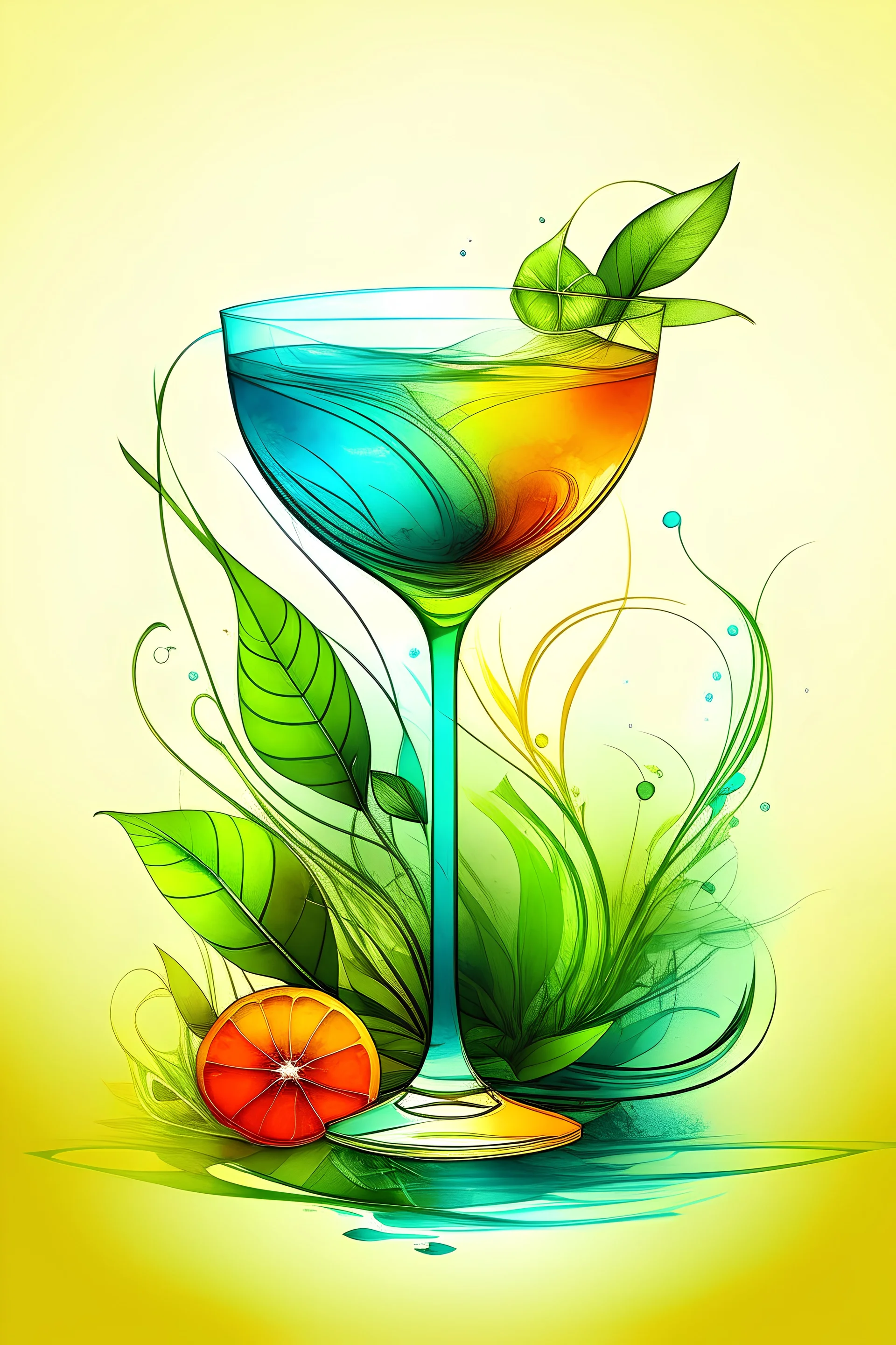 An artistic rendition of a cocktail glass nestled within a vibrant, stylized oasis. This could include watercolor-inspired strokes to depict greenery, with a subtle touch of the cocktail's colors blending seamlessly into the foliage. The logo aims to convey the fusion of natural freshness with the pleasures of crafted beverages, evoking a sense of rejuvenation and enjoyment.