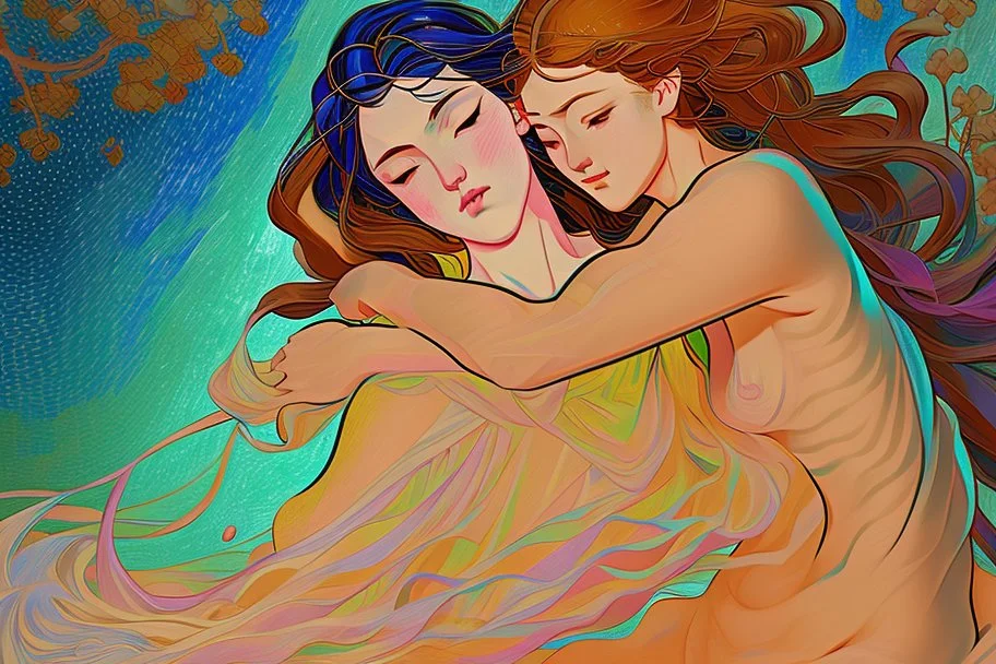 colourful digital painting of beautiful aphrodite full body embracing old man in bedroom, in the style of hokusai and van gogh