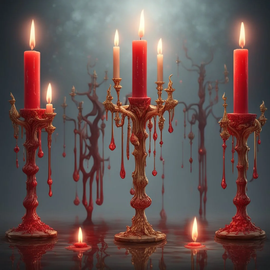 Red candles on a three-armed gold candlestick, dripping wax. Illustrative art, art interpretation, concept art, cgsociety contest winner, seasonal art, seasonal art HD, 4k, 8k, intricate, detailed, intricately detailed, luminous, translucent fantasy crystal, holographic data, soft body, shadow play, light, fog, atmospheric, cinematic, light film, hyper-detailed, hyper-realistic, masterpiece, atmospheric, high resolution, 8k, HDR, 500px, mysterious and artistic digital art, phototic, intricate, f