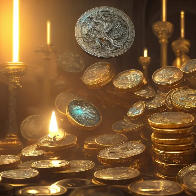 dynamic lighting, Intricately detailed, Splash screen art, deep color, Unreal Engine, volumetric lighting, silver coins, gold coins, silver bars, stacked coins, indoors, candle, altar, black table, sigil, shiny, metallic, bullion,