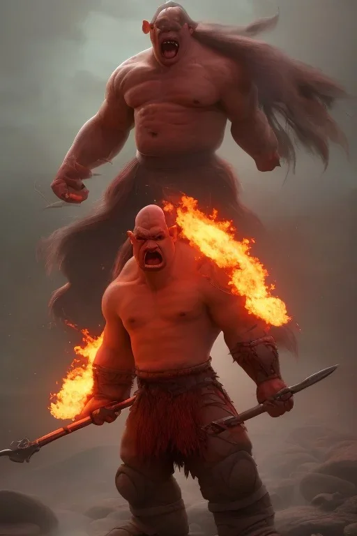 Full body photography of ethereal ANGRY ORC , Fire theme art, Dark moody night atmosphere, by Michelangelo, 8K, high body details, anatomically perfect body, oak tree roots, purple, red, armed with guns ,