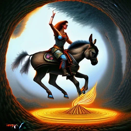 donkey jumping through ring of fire, fantasy art