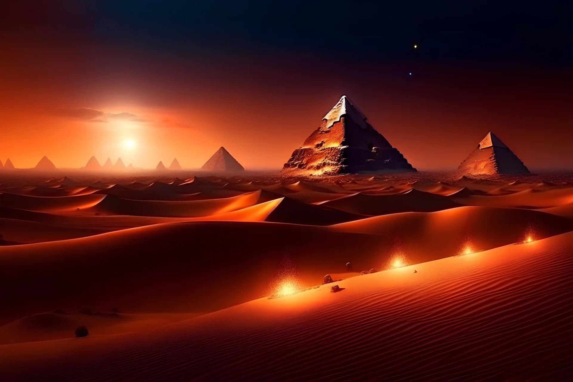 An Egyptian desert with glowing pyramids