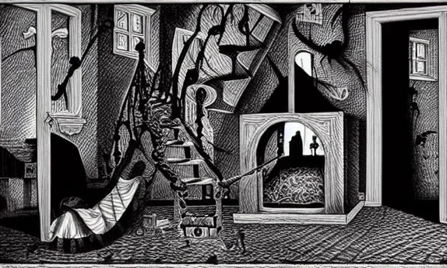 Wednesday Adams, scary dark 3d room, spiders, Escher style