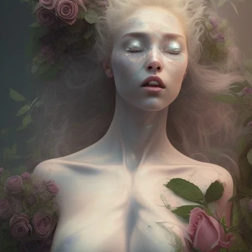 woman lying on satin pilow with closed eyes and cobwebs on face, hands crossed against chest holding roses, 8k, high-quality, fine-detail, intricate, sharp, crisp, digital art, detailed matte, illustration, octane render, brian froud, howard lyon, Anne Dittman, Anne Stokes, Lisa Parker, Selina French