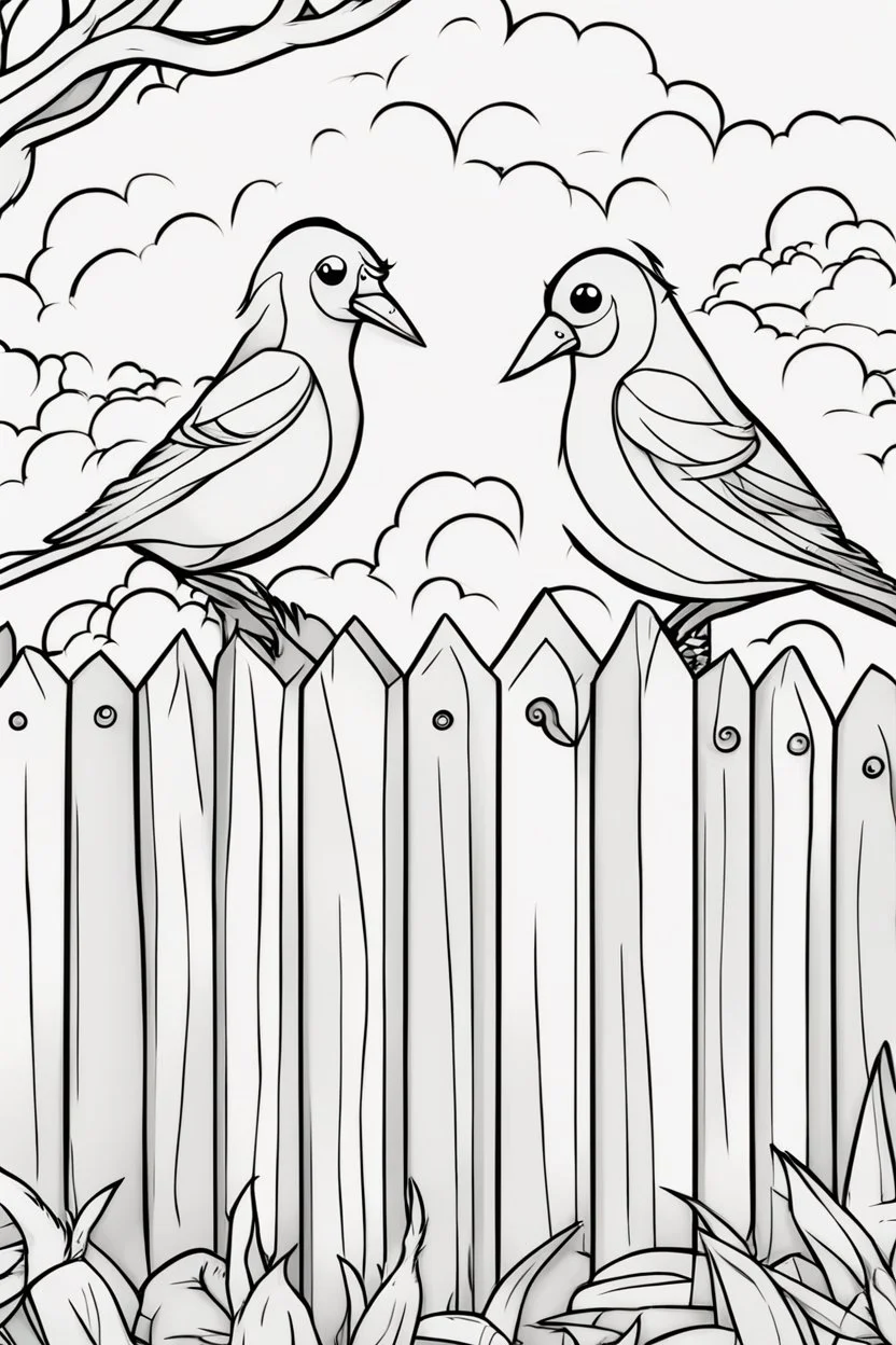 coloring page, birds on a fence, cartoon style, thick lines, low detail, no shading