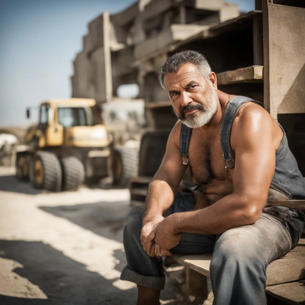 photography of a arab ugly burly serious wet sweaty, beefy strong fat carpenter, shirtless, in short pants, in overall, bulge, manly chest, very hairy, big goatee 50 years old, short hair, sitting with open legs on a little chair , on a construction site in the middle of a road, under the August sun, emotional eyes, , hyper-realistic, photorealistic , frontal view from the ground