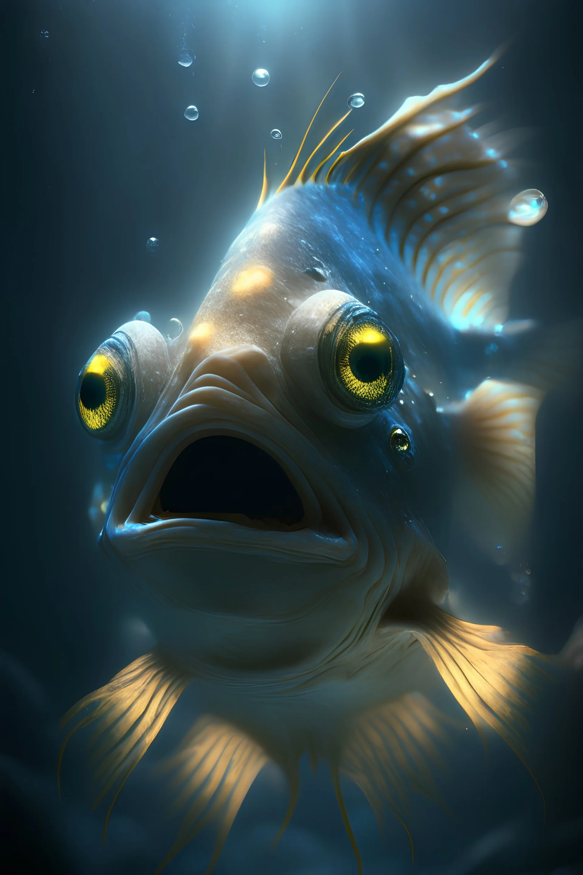 Emotional fish alien, unreal lighting, volumetric lighting, high contrasts, sharp focus,