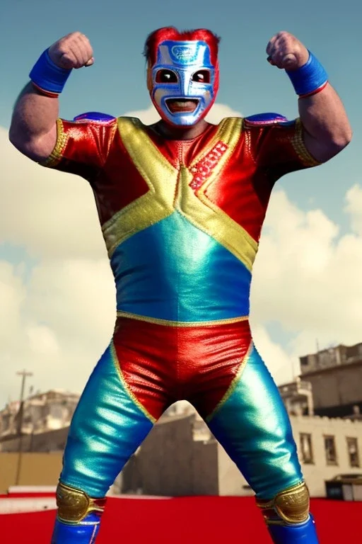 realistic image of joe biden as a mexican wrestling fighter posing, Mexican eyes wrestling mask, red and blue breeches, retro style, 80s, vibrant color, highly detailed, sky background, concept art, unreal engine 5, god rays, ray tracing, RTX, lumen lighting, ultra detail, volumetric lighting, 3d, finely drawn, high definition, high resolution.