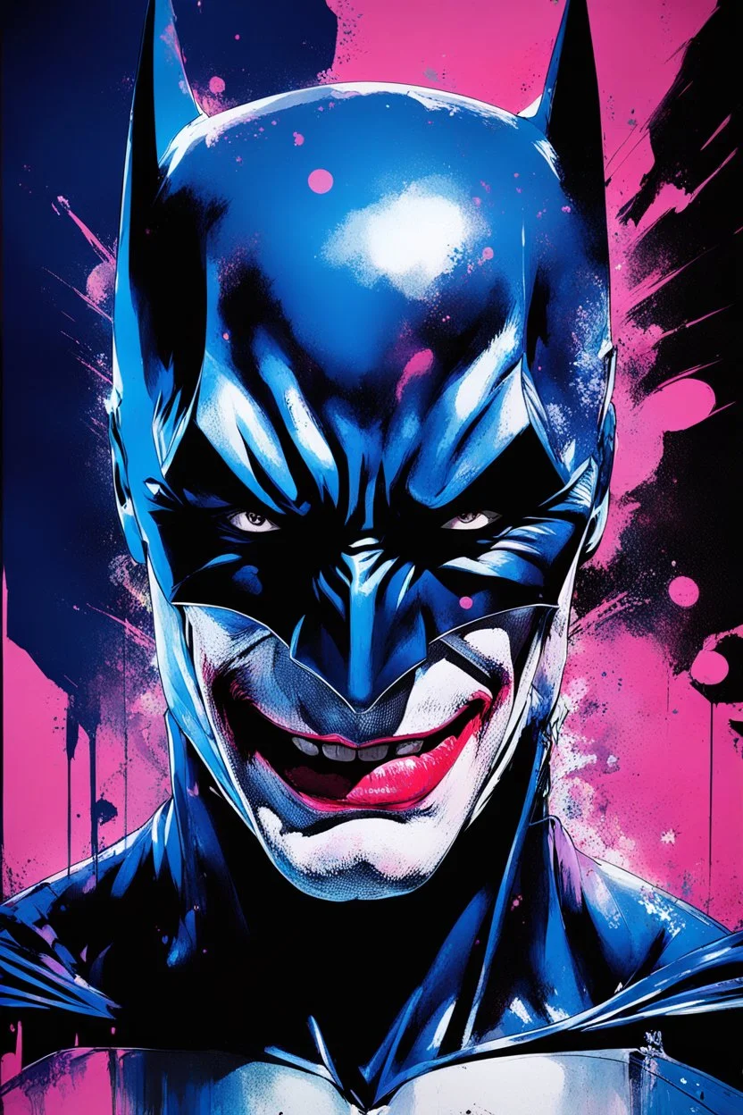 Poster, split in half, one side "batman", other side "joker", midline of the face, painting by Yoji Shinkawa, dark blue and pink detailed iridescent, metallic, translucent, dramatic lighting, hyper futuristic, digital art,