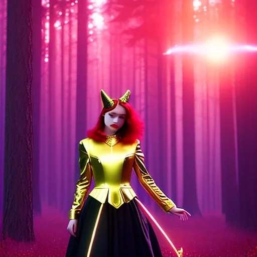 Attractive young teenage girl with golden red hair, who is dressed like a witch casting a spell holding a red heart gem, she has golden cat ears and open dazzling blue eyes, in the background there are abandoned pillars in a forest, black goth girl dress, full body portrait, arm colors gradient effect into stars, rendered, unity 3d, unreal engine, dslr, hdr, 4k, edited, photorealistic, normal number of appendages, freckles, artists render
