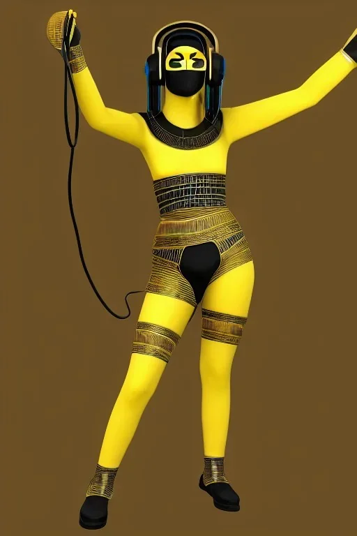 Realistic photograph. Geometric 3D tiling on the background, Egyptian woman, Whip. Bronze color, Yellow, Black Cyan. Cyber-punk full-mask. Big old AKG headphones, golden rings & disc. Selfie both hands. Asian, lightly armored, electronic circuits. Thick tights, thick calves, bend fell, wide hip, flat belly. Ancient artifact attached. Perfect body. Matrix movie clothes, Silver leather area, tippet, latex. Wicked sneakers. Daft Punk, Tron Movie. Haute Couture. 1990's. Ancient telephon