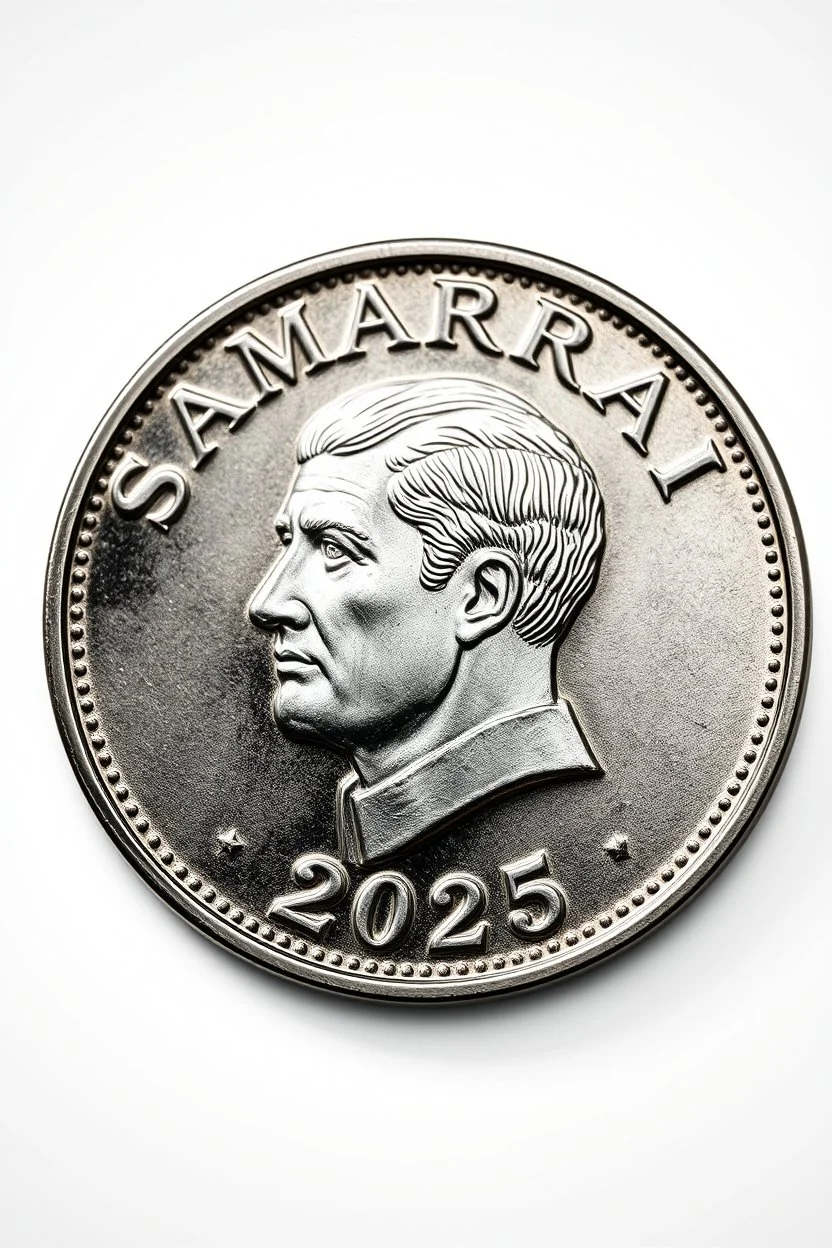 view of the word, SamarrraiAI 2025, on a coin ,with picture of , man head in the middle of the coin