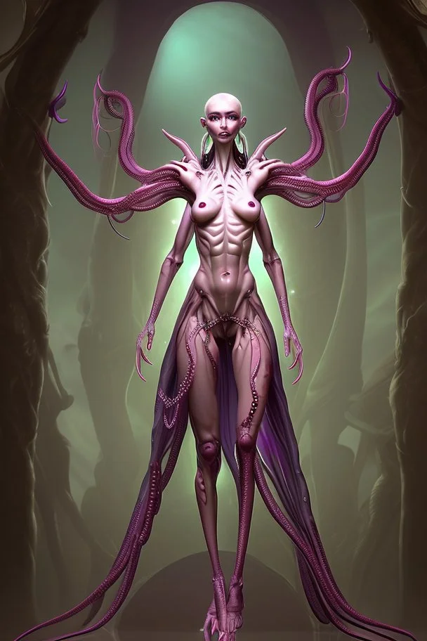 gorgeous female humanoid alien full body model, standing in a beckoning pose, tentacles, orichalcum jewelry and piercings. exquisite beautiful face, lips parted slightly, succubus wings and horns