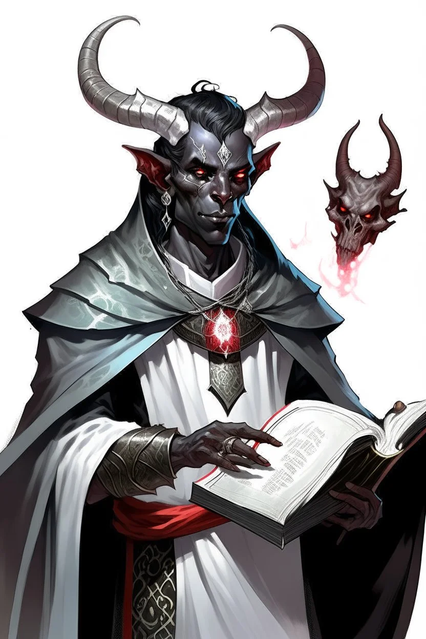 En Young male black skin black hair tiefling Wizard with large horns fra dnd holding a book with Arcane Magic in a silver and White Rope and a silver cloak. His horn a perfectly place on acet from the front to the back pointing upwards with glowing Red cat Eyes. His close is elegant get simple. Holding an ice Crystal in his Right Hand