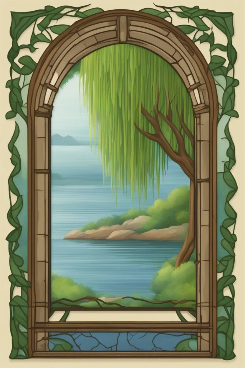 Colorful Logo of a pretty willow tree with long green hanging branches, standing outside a square window with an arch, emphasize the window and arch, serene tranquil background with a body of water.