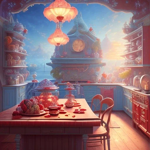 pixar style, realistic painting of a pretty housewife and a jar full with strawberry jam, kitchen in the background volumetric redand blue sky environment and background, volumetric lighting, dramatic lighting, detailed digital painting, extreme dense and fine, anime, ornate, colour-washed colors, elegant, small minutiae, tiny features, particulars, centered, smooth, sharp focus, renderman gofur render, 8k, uhd, detailed eyes, realistic shaded volumetric lighting, caustics, backlight