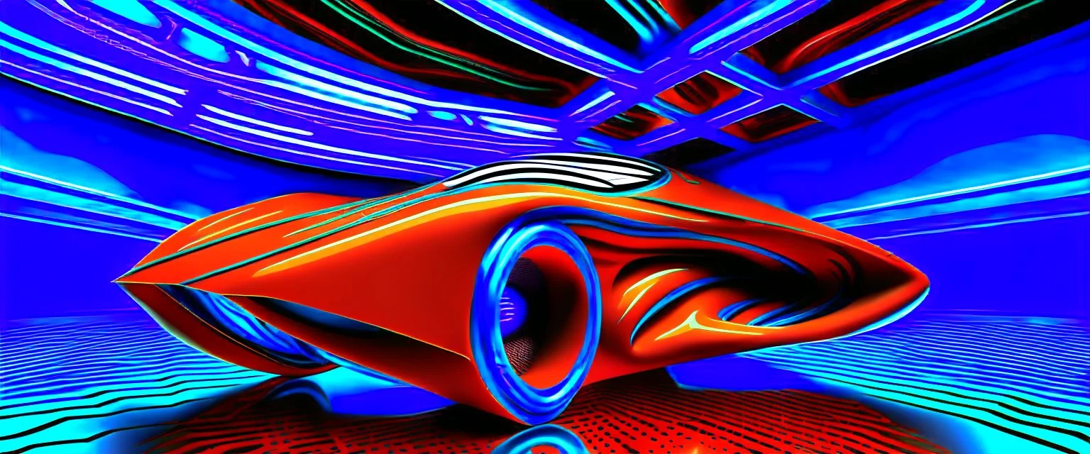 award winning car and driver photograph of a futuristic station wagon designed by only one vehicle per image painted metallic orange traveling at a high rate of speed, jet intake off of front center of vehicle and jet exhaust out the rear with bright blue flame, bilaterally symetrical, more a high speed road vehicle