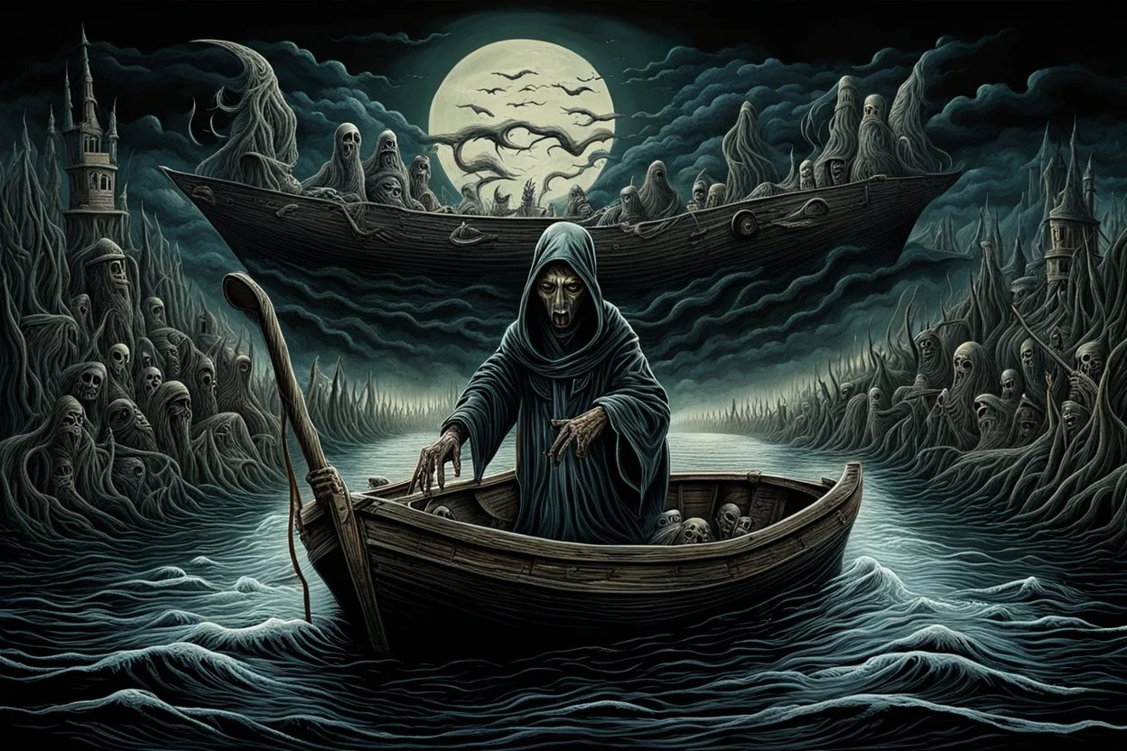 on the river Styx, in a special creepy boat, the boatman in the hood of Death, who takes the guilty people to the endless darkness, to hell on the boat, the crowd of crying, howling, begging dead, surreal style, dark colors, strange surreal nightmare landscape, high detail, sinister, surreal art, chillingly fascinating