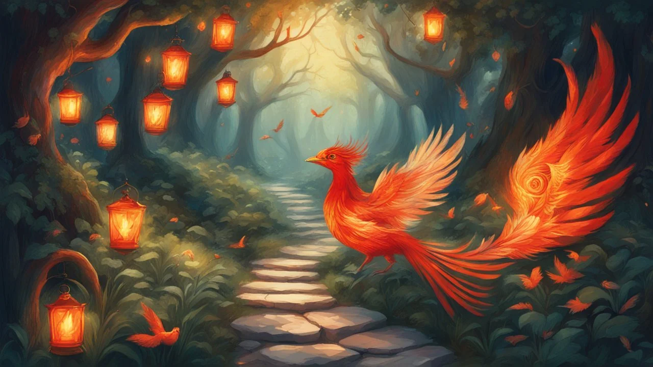 Slavic mythology fantasy illustration for bedtime story: enchanting garden with lush greenery and a beautiful stone winding path, with small tiny lanterns in the trees. Depict only one creature the Firebird. The feathers of the Firebird are vibrant red, orange, and gold, each one glowing with an otherworldly brilliance.