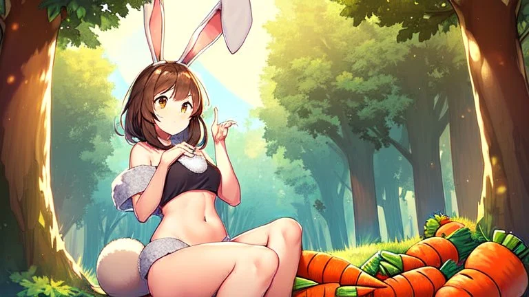 Girl, brown rabbit ears , brown rabbit tail, brown hair, open navel, forest, morning, carrot in hand, sit, rabbit foot, fur on hand