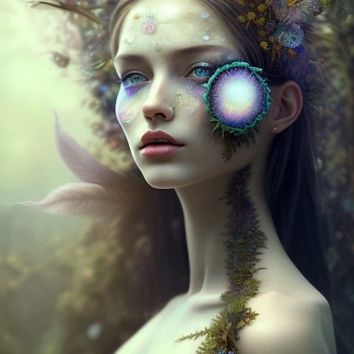 Portrait of beautiful girl, face dept of field,face shining, plant, metal, feathers, Dryad, fae, sidhe, ominous, nature, plants, wildflower flare, facepaint, dnd character portrait, intricate, oil on canvas, masterpiece, expert, insanely detailed, 4k resolution, retroanime style, cute big circular reflective eyes, cinematic smooth, intricate detail , soft smooth lighting, soft pastel colors, painted Renaissance style,sharp fucus, bokeh,macro lens, 1500mm lens