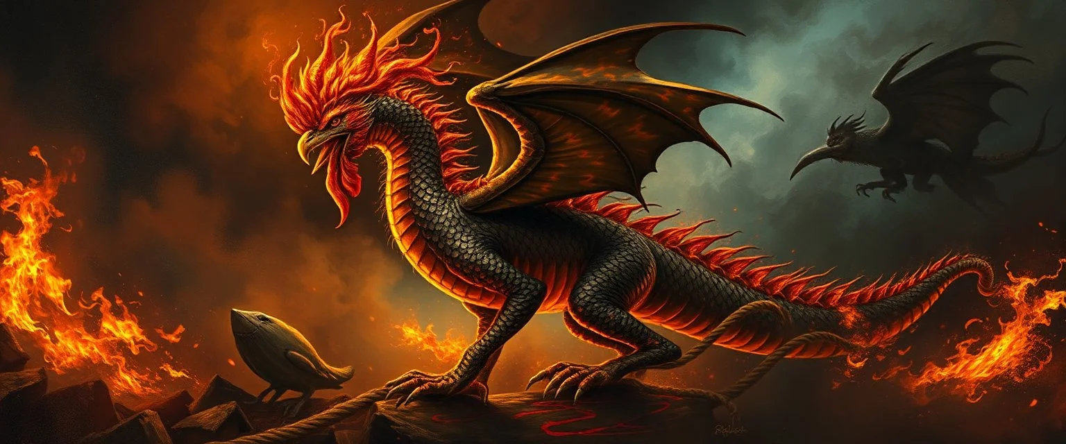 Nabraxas fire and darkness Haiti dragon with rooster head and serpent legs as a vision of the beginning of awakening within a dream of paint color and time and a whip covered in blood