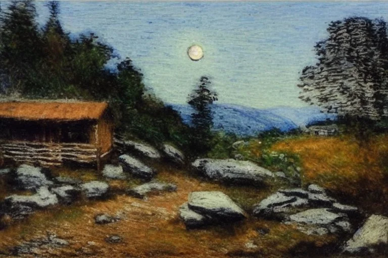 Night, moon, trees, cabin, pathway, rocks, vegetations, distant trees, distant mountains, philip wilson steer impressioniam painting