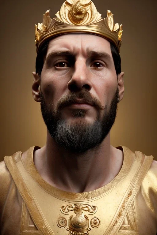 Realistic image, sculpture, white marble material with gold veins, Lionel Messi, gold laurel leaves crown, gold ornaments, Renaissance style, sun rays background, waist up portrait, epic, celestial, cinematic lighting, God lights, 4k resolution, smooth details, soft lighting, unreal engine 5, art station, substance 3d.