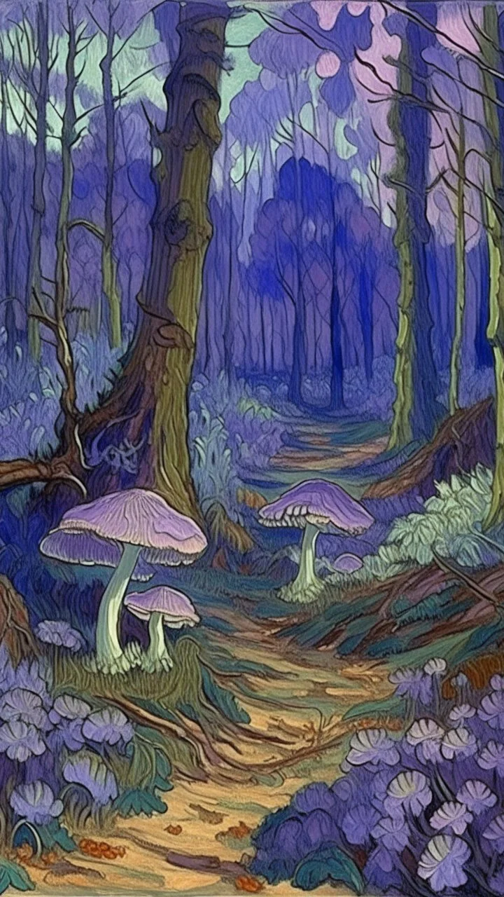 A violet forest with mushrooms painted by Vincent van Gogh