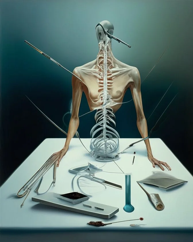 human body, universe-like table,complex surgical instruments mixed with human body-like musical instruments,minimalism,Painting By Adrian Ghenie, Rene Magritte, Lucian Freud