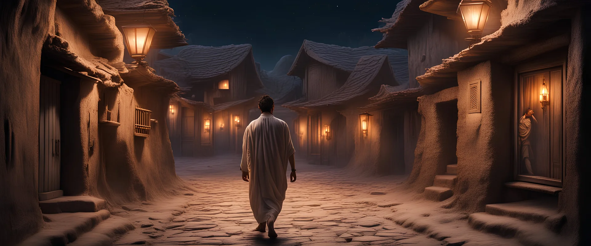 Hyper Realistic man carrying a diya walking between a prehistoric narrow street with ancient wooden houses gates at night