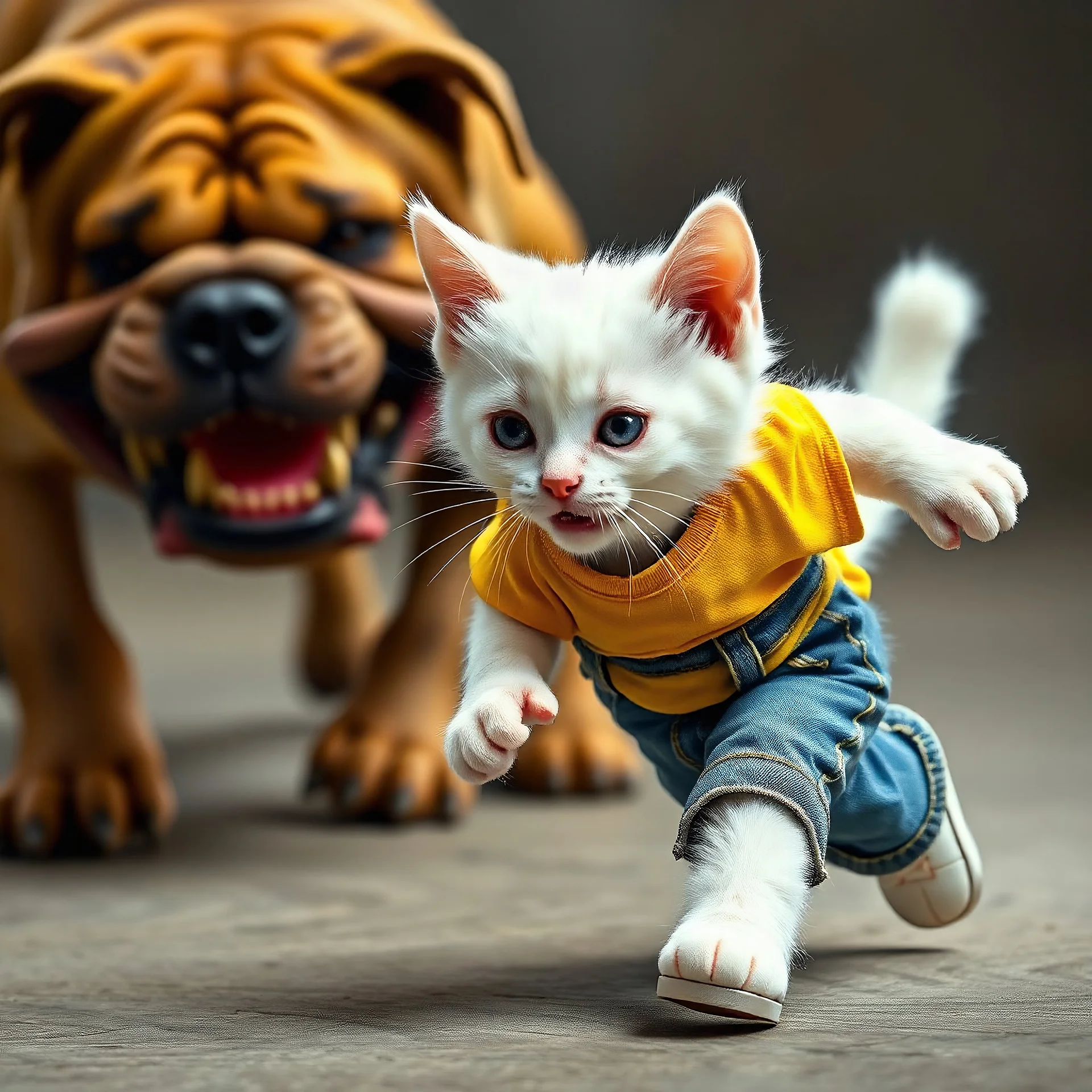 A cute white kitten wearing yellow t shirt and Jean pants, wearing white shoes, a cute kitten shocking suddenly and running away and scream chased by evil bulldog, photorealism highly detailed