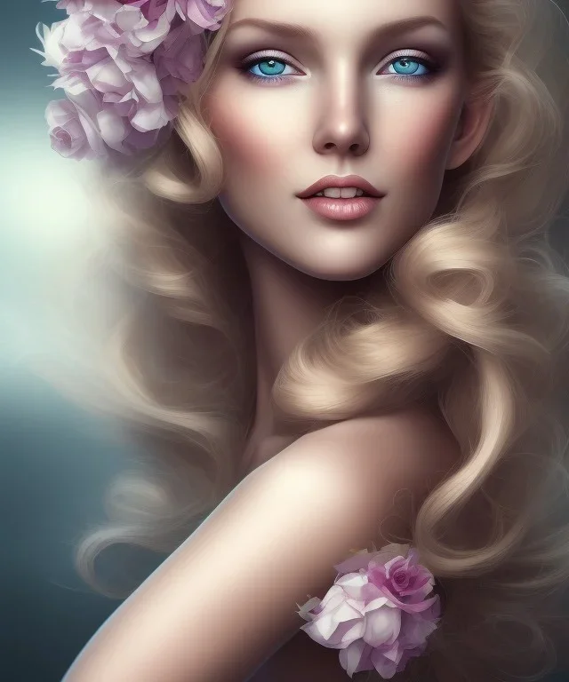 portrait borders head Princess with great bobs long blond hairs, smile,blues eyes no top with flowers