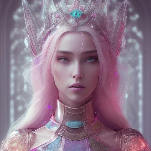 A portrait of a crystalised queen, atmospheric, realistic, unreal engine, cinematic lighting, octane render, transparent, pink turquoise light, long blond hair, pink lips, extremely sharp detail, finely tuned detail, ultra high definition, 8 k, unreal engine 5, ultra sharp focus, accurate sword wings, positive smile, highlight luminous suit blue and pink