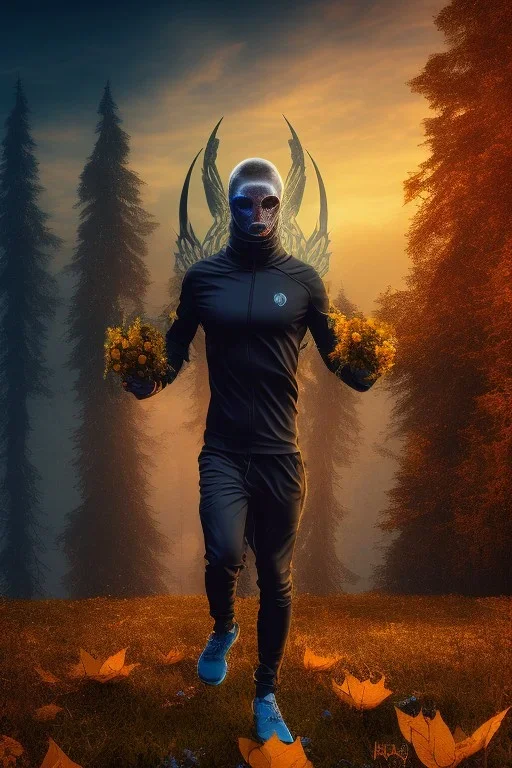 running alien portrait , black jogging suite , in the sunset Alps, golden light , holding leaves and flowers , angels background, volumetric light, high detail, dark leaf tree, dark mountains in background, perfect