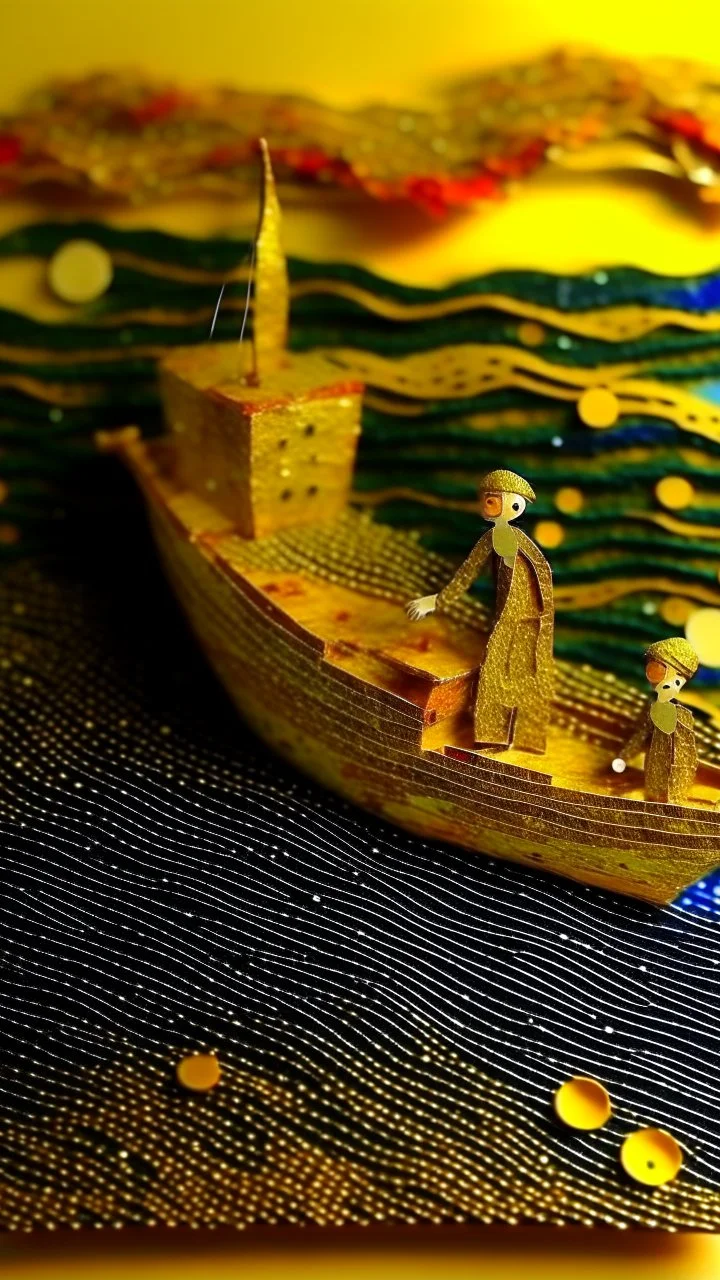 The ship fades out in the horizon, nostalgic goodbye, diorama in the style of Gustav klimt