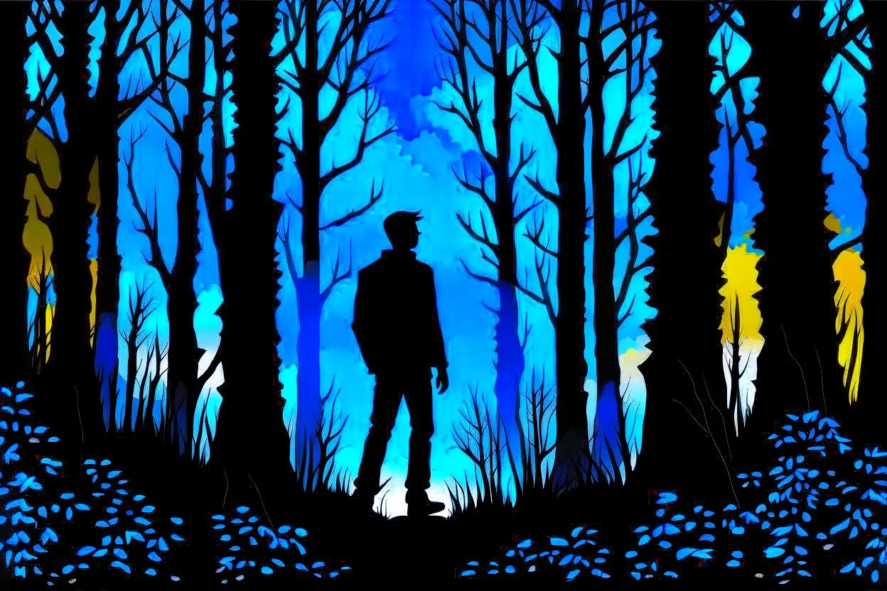 a backdrop of dusk a solitary figure silhouette of a person, is depicted, moving away from the viewer into a dense forest in a misty landscape, hinting at the need for secrecy and seclusion. The colors could be muted, evoking a sense of mystery and suspense. deep colors, harmonic stunning colors transition, black ink, mystic, surreal style, detalied, high textures, alone mood