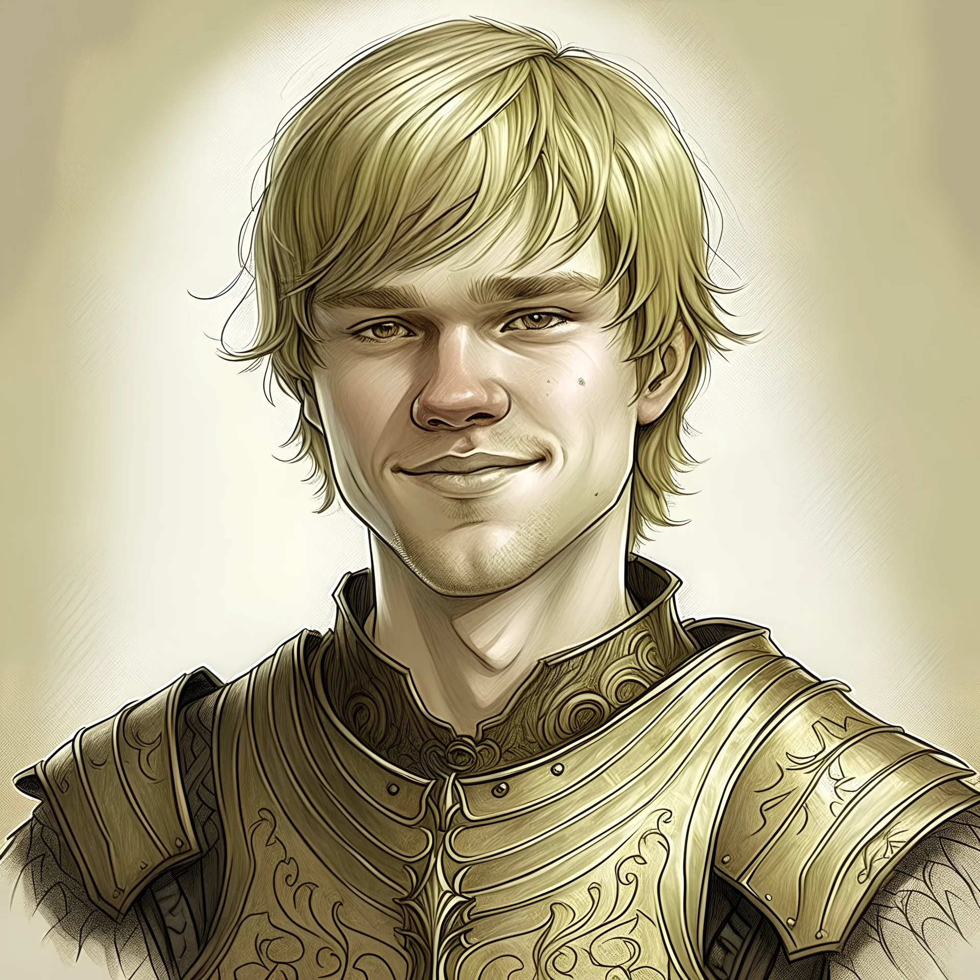 fantasy handdrawn, male in end thirties, 190cm in hight, in light armor, dark blonde bowl cut, a bit of an idiot but kindhearted, small smile