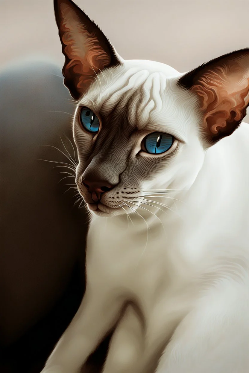 art by Boris Kostygov, intricate detailed Sphynx siamese cat with blue eyes