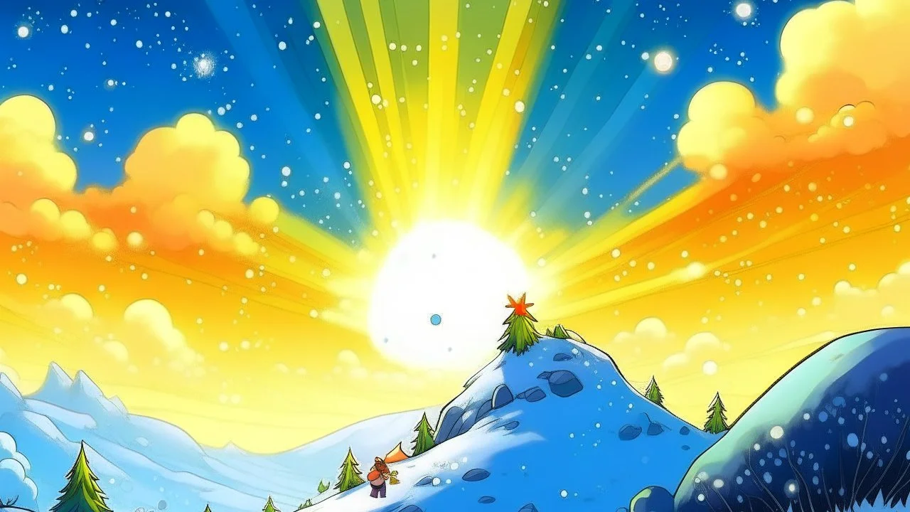 fantasy cartoon style: Once upon a snowy hill. The sun is high i, the sky, it's high noon, and the snow sparkled like a million tiny magical diamonds.