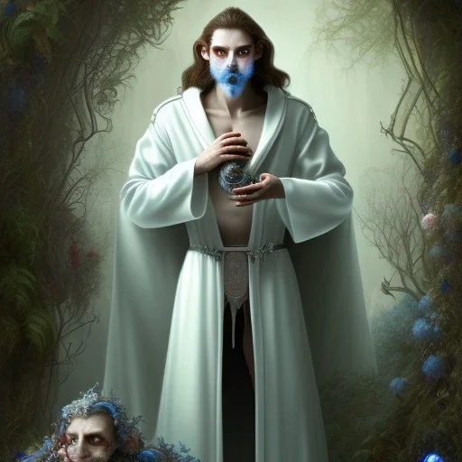  snoring vampire poet wearing soft robes and blue gloves holding hairy scroll,dark stone statue, lively eyes,hidden hands, framed by foliage, shiny eyes,