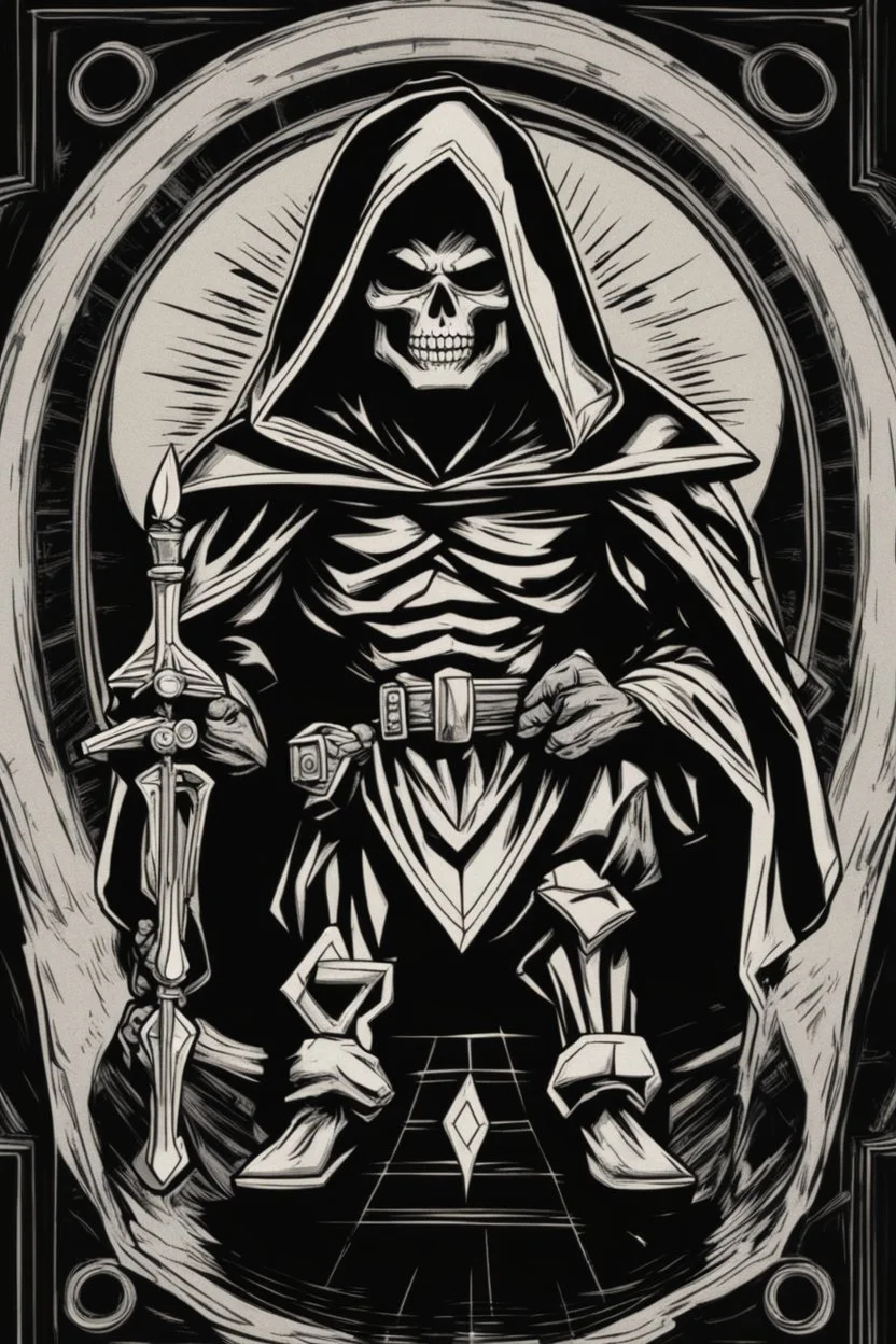 inside a diamond shape, skeletor motu in a black hooded cloak drawn in a retro cartoon style, in a diamond shape on a black background, monochromatic