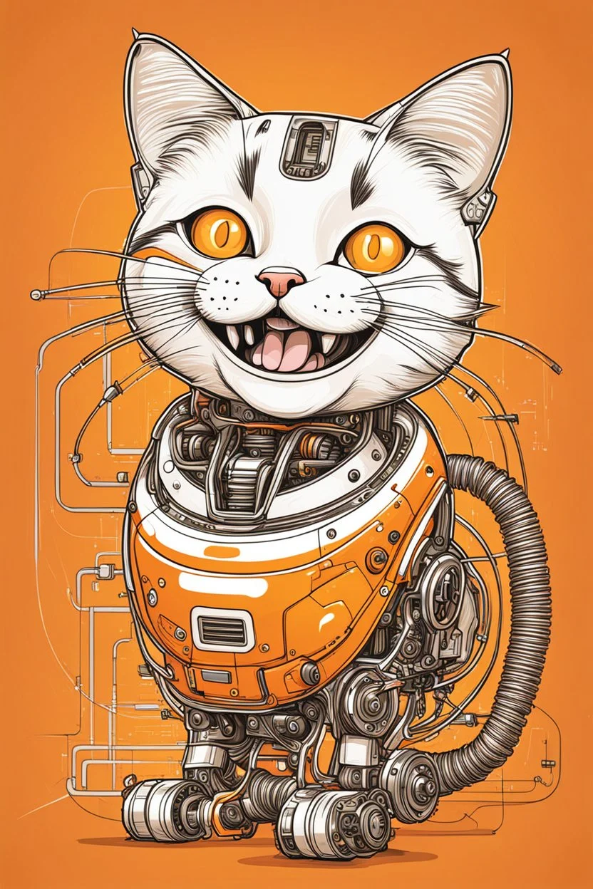 charmie cat, orange, smile, robotics parts, lineal draw, sketch style, tecnological background.