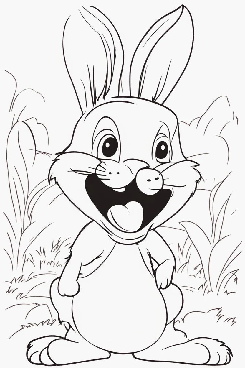 blank colouring book, white background, simple picture for toddlers, rabbit, four legs, smile on face, disney and pixar style