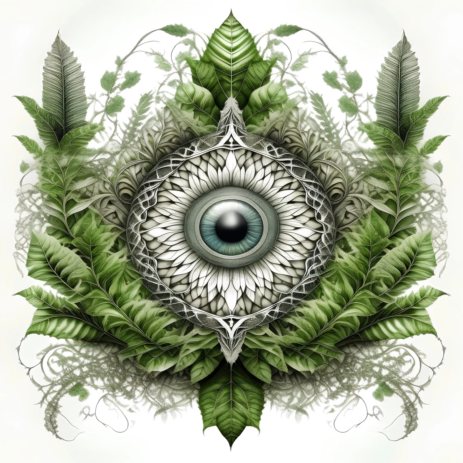 realistic image like a photo of mandala with ferns and eyes